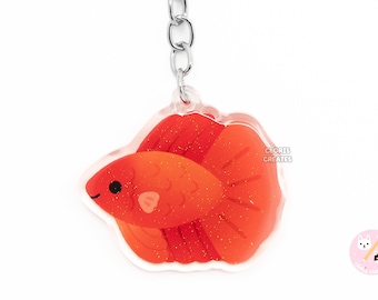 Betta Fish Red Halfmoon Keychain | Cartoon Aquarium Art Double Sided Glitter Acrylic Charm | Kawaii Cute Animal Lover Pet Gift