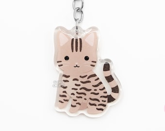 Brown Tabby Cat Acrylic Pet Breed Keychain | Cartoon Chibi Animal Art Glitter Zipper Pull Charm | Kawaii Cute Kitten Loss Memorial Gift