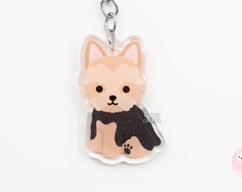 Yorkie Shorthaired Yorkshire Terrier Dog Breed Acrylic Keychain | Cartoon Kawaii Puppy Glitter Charm | Chibi Cute Pet Loss Memorial Gift