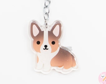 Sable Cardigan Corgi Acrylic Dog Breed Keychain | Cartoon Kawaii Art Puppy Glitter Charm | Chibi Cute Animal Lover Pet Loss Memorial Gift