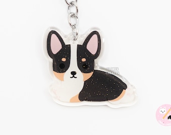 Black Tri Pembroke Welsh Corgi Acrylic Dog Keychain | Cartoon Kawaii Art Puppy Glitter Charm | Chibi Cute Animal Lover Pet Loss Memorial