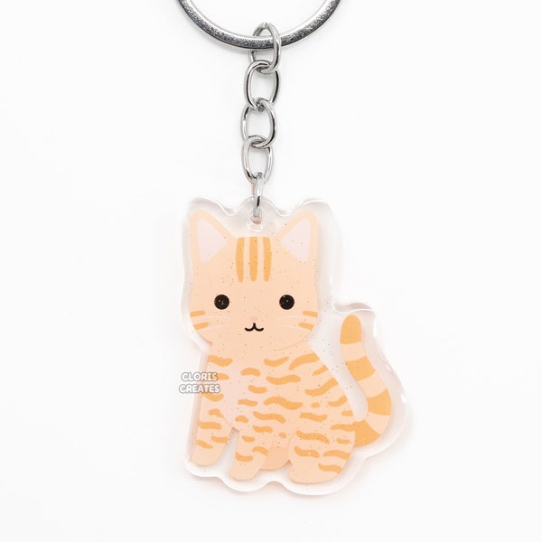 Orange Tabby Cat Acrylic Pet Breed Keychain | Cartoon Chibi Animal Art Glitter Charm | Kawaii Cute Kitten Lover Pet Loss Memorial Gift