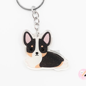 Black Tri Pembroke Welsh Corgi Acrylic Dog Keychain | Cartoon Kawaii Art Puppy Glitter Charm | Chibi Cute Animal Lover Pet Loss Memorial