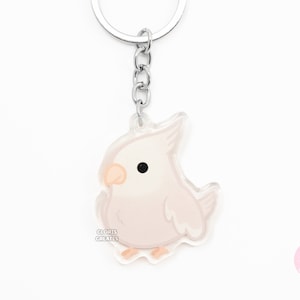 Llavero acrílico de cacatúa gamo de cara blanca, diseño de ave de raza de loro, con purpurina de arte kawaii de dibujos animados, regalo para amantes de las mascotas exóticas.