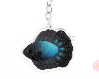 Betta Fish Halfmoon Black Orchid Keychain | Cartoon Aquarium Art Double Sided Glitter Acrylic Charm | Kawaii Cute Animal Lover Pet Gift