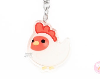 White Chicken Acrylic Bird Breed Keychain | Cartoon Kawaii Art Exotic Pet Glitter Charm | Cute Chibi Farm Animal Lover Souvenir Keyring Gift