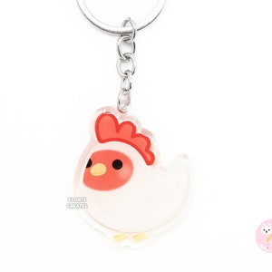 White Chicken Acrylic Bird Breed Keychain | Cartoon Kawaii Art Exotic Pet Glitter Charm | Cute Chibi Farm Animal Lover Souvenir Keyring Gift