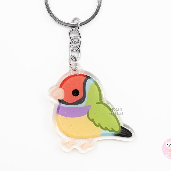 Greenback Gouldian Finch Acrylic Bird Breed Keychain | Cartoon Kawaii Art Glitter Charm | Cute Chibi Exotic Pet Animal Lover Gift