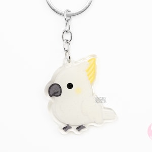 Llavero acrílico con forma de cacatúa de cresta de azufre, diseño de ave de raza loro, amuleto con purpurina de arte kawaii de dibujos animados, regalo para amantes de las mascotas exóticas de chibi