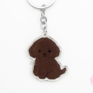 Chocolate Brown Toy Poodle Dog Breed Acrylic Keychain | Cartoon Kawaii Puppy Glitter Charm | Chibi Cute Animal Lover Pet Loss Memorial Gift