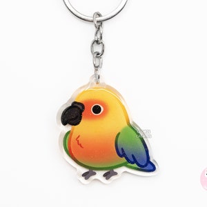 Llavero acrílico de Jenday Conure, diseño de ave de raza, con purpurina de doble cara, estilo kawaii, ideal como regalo para amantes de las mascotas exóticas.
