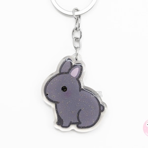 Blue Netherland Dwarf Rabbit Acrylic Pet Breed Keychain | Cartoon Kawaii Art Double-Sided Bunny Glitter Charm | Chibi Cute Animal Lover Gift