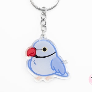 Llavero acrílico de periquito indio violeta con purpurina, diseño de dibujos animados kawaii, regalo para amantes de las mascotas exóticas chibi.