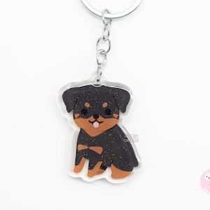 Docked Black Rottweiler Rottie Dog Breed Acrylic Keychain | Cartoon Kawaii Art Puppy Charm | Chibi Cute Animal Lover Pet Loss Memorial Gift