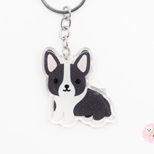 Black & White Cardigan Corgi Acrylic Dog Keychain | Cartoon Kawaii Art Puppy Glitter Charm | Chibi Cute Animal Lover Pet Loss Memorial Gift