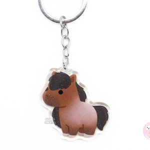 Bay Roan Brown Horse Keychain | Cartoon Chibi Art Glitter Acrylic Farm Animal Lover Charm | Cute Kawaii Pony Breed Pet Keyring Memorial Gift