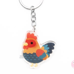 Llavero de animal de granja de gallo/dije de cremallera de pájaro acrílico con purpurina de arte chibi de dibujos animados/lindo llavero de recuerdo de pollo de zoológico de mascotas kawaii