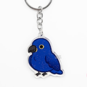 Llavero acrílico de guacamayo jacinto, loro, raza de ave, dibujo kawaii, amuleto con purpurina de doble cara, regalo para amantes de las mascotas exóticas.