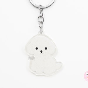 White Toy Poodle Dog Breed Acrylic Keychain | Cartoon Kawaii Art Puppy Glitter Charm | Chibi Cute Animal Lover Pet Loss Memorial Gift