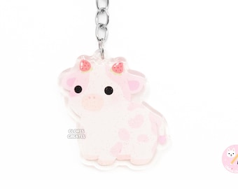 Strawberry Cow Fruity Farm Animal Keychain | Cartoon Chibi Art Style Glitter Acrylic Zipper Charm Pull | Kawaii Cute Animal Lover Gift