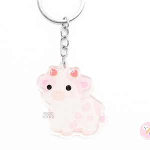Strawberry Cow Fruity Farm Animal Keychain | Cartoon Chibi Art Style Glitter Acrylic Zipper Charm Pull | Kawaii Cute Animal Lover Gift