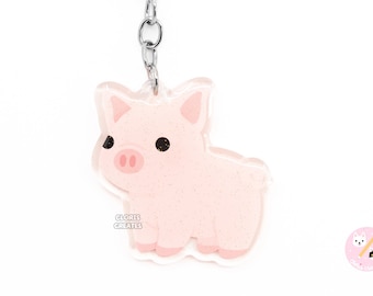 Pink Pig Farm Animal Keychain | Cartoon Chibi Art Glitter Acrylic Zodiac Zipper Pull Charm | Cute Kawaii Petting Zoo Souvenir Keyring Gift