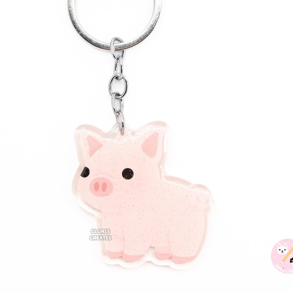 Porte-clés animal de ferme cochon rose | de dessin animé Art chibi scintillant en acrylique scintillant | Joli porte-clés souvenir souvenir du zoo pour enfants Kawaii