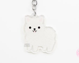 Samoyed Dog Breed Acrylic Keychain | Cartoon Kawaii Art Puppy Glitter Charm | Chibi Cute Animal Lover Pet Loss Memorial Gift