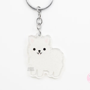 Samoyed Dog Breed Acrylic Keychain | Cartoon Kawaii Art Puppy Glitter Charm | Chibi Cute Animal Lover Pet Loss Memorial Gift