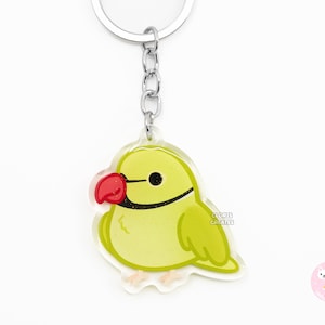 Llavero acrílico de periquito indio verde de cuello anillado, diseño de dibujos animados kawaii de doble cara, regalo para amantes de las mascotas exóticas chibi.