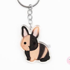 Orange & Black Harlequin Rabbit Acrylic Pet Breed Keychain | Cartoon Kawaii Art Epoxy Bunny Glitter Charm | Chibi Cute Animal Lover Gift