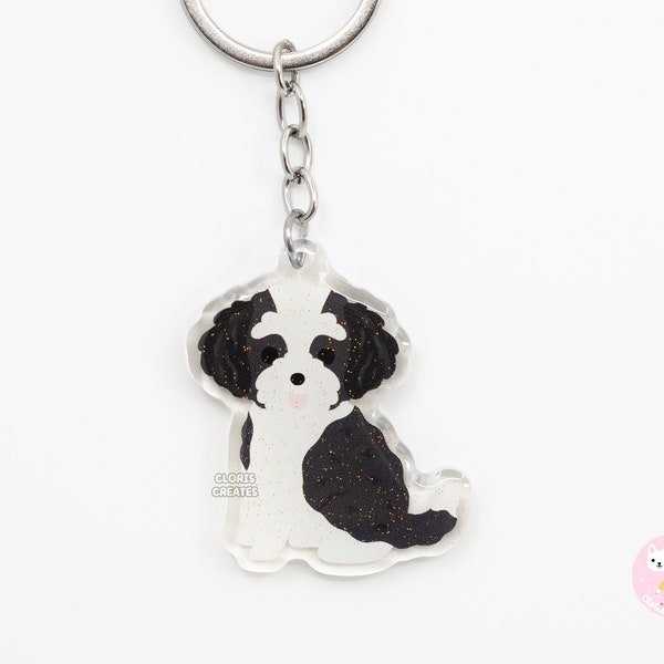 Sheepadoodle Mixed Dog Poodle Breed Acrylic Keychain | Cartoon Kawaii Art Doodle Puppy Glitter Charm | Chibi Cute Pet Loss Memorial Gift
