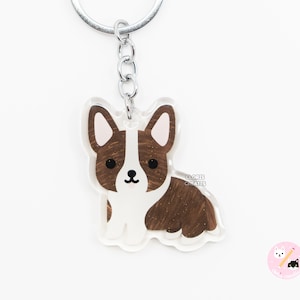 Brindle Cardigan Corgi Acrylic Dog Keychain | Cartoon Kawaii Art Puppy Glitter Charm | Chibi Cute Animal Lover Pet Loss Memorial Gift