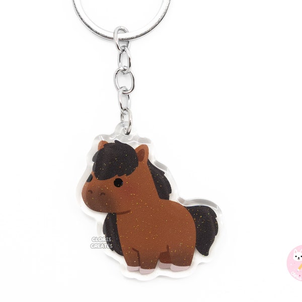 Brown Bay Horse Keychain | Cartoon Chibi Art Glitter Acrylic Farm Animal Lover Pony Charm | Cute Kawaii Petting Zoo Souvenir Keyring Gift