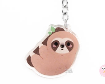 Three Toed Sloth Acrylic Glitter Keychain | Kawaii Chibi Rainforest Animal Lover Art Charm | Cute Cartoon Wildlife Zoo Souvenir Keyring Gift