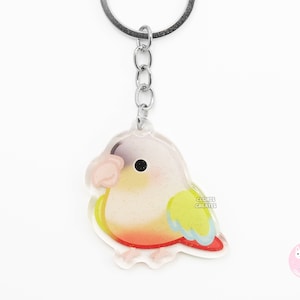 Llavero acrílico de pájaro conure de mejillas verdes canela / Dije con purpurina estilo kawaii de dibujos animados / Lindo regalo para amantes de las mascotas exóticas chibi
