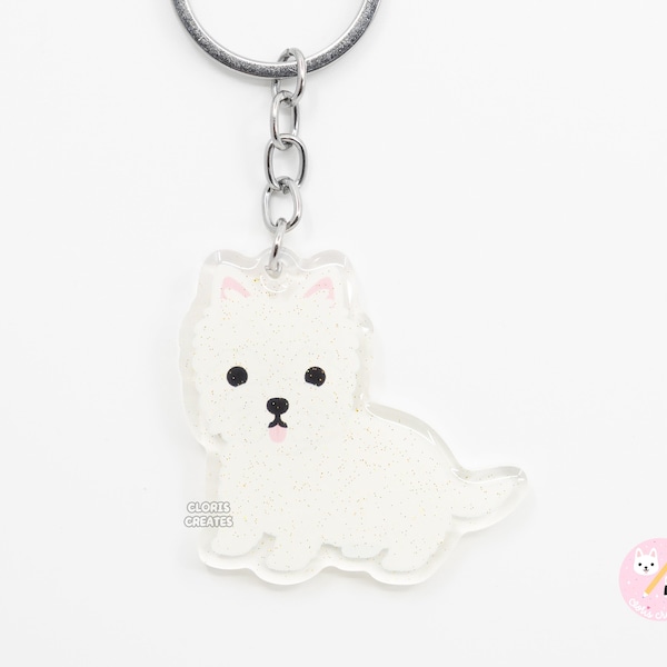 West Highland White Terrier Westie Dog Breed Acrylic Keychain | Cartoon Kawaii Art Puppy Glitter Charm | Chibi Cute Pet Loss Memorial Gift