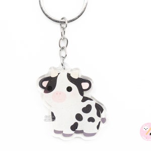 Dairy Cow Farm Animal Keychain | Cartoon Chibi Art Glitter Acrylic Charm | Kawaii Cute Animal Lover Gift | Year of the Cow Keyring