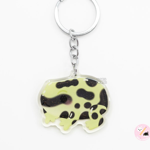 Costa Rican Green Poison Dart Frog Acrylic Pet Keychain | Cartoon Kawaii Art Exotic Glitter Charm | Chibi Cute Amphibian Animal Lover Gift