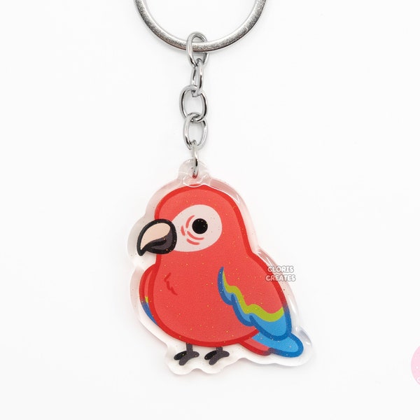 Green Winged Macaw Parrot Acrylic Bird Keychain | Cartoon Kawaii Art Double-Sided Glitter Charm | Cute Chibi Exotic Pet Animal Lover Gift
