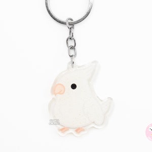 Llavero acrílico de loro y cacatúa albina / Dije de purpurina de doble cara con diseño de dibujos animados kawaii / Regalo para amantes de las mascotas exóticas