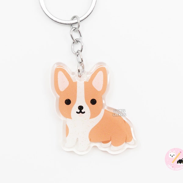 Red & White Cardigan Corgi Acrylic Dog Keychain | Cartoon Kawaii Art Puppy Glitter Charm | Chibi Cute Animal Lover Pet Loss Memorial Gift