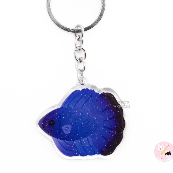 Betta Fish Blue Halfmoon Keychain | Cartoon Aquarium Art Double Sided Glitter Acrylic Charm | Kawaii Cute Animal Lover Pet Gift