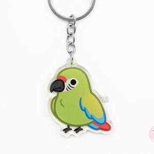 Llavero acrílico de loro guacamayo militar, diseño de ave, con purpurina de doble cara, diseño kawaii de dibujos animados, regalo para amantes de las mascotas exóticas chibi.