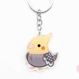 Llavero acrílico con forma de cacatúa perlada, pájaro y loro, con diseño de dibujos animados kawaii, con purpurina de doble cara, regalo para amantes de las mascotas exóticas y lindas de Chibi
