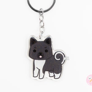 Black American Akita Acrylic Dog Breed Keychain | Cartoon Kawaii Art Puppy Glitter Charm | Chibi Cute Animal Lover Pet Loss Memorial Gift