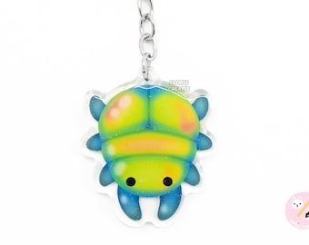 Rainbow Stag Beetle Green Insect Bug Keychain | Cartoon Chibi Pet Art Double-Sided Glitter Charm | Kawaii Cute Animal Entomologist Gift