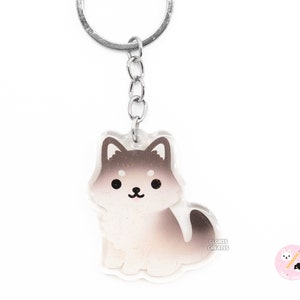 Llavero acrílico con brillantina de lobo gris / Amuleto artístico kawaii para amantes de los animales salvajes / Lindo llavero de recuerdo de zoológico de vida silvestre de dibujos animados
