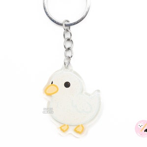 Llavero acrílico de pato blanco con diseño de ave exótica kawaii con purpurina, ideal como regalo para amantes de los animales de granja.