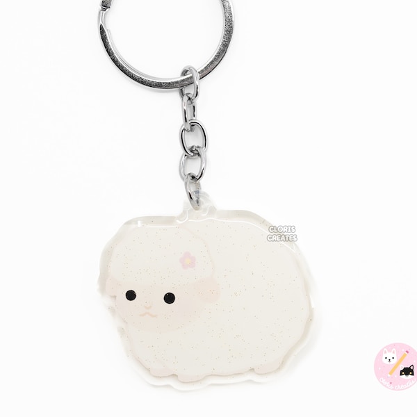 White Sheep Farm Animal Keychain | Cartoon Chibi Art Glitter Acrylic Zipper Charm | Cute Kawaii Petting Zoo Aries Lamb Zodiac Keyring Gift